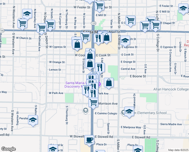 map of restaurants, bars, coffee shops, grocery stores, and more near 122 East Boone Street in Santa Maria