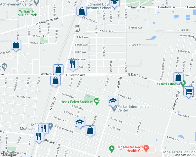 map of restaurants, bars, coffee shops, grocery stores, and more near 411 East Buchanan Avenue in McAlester