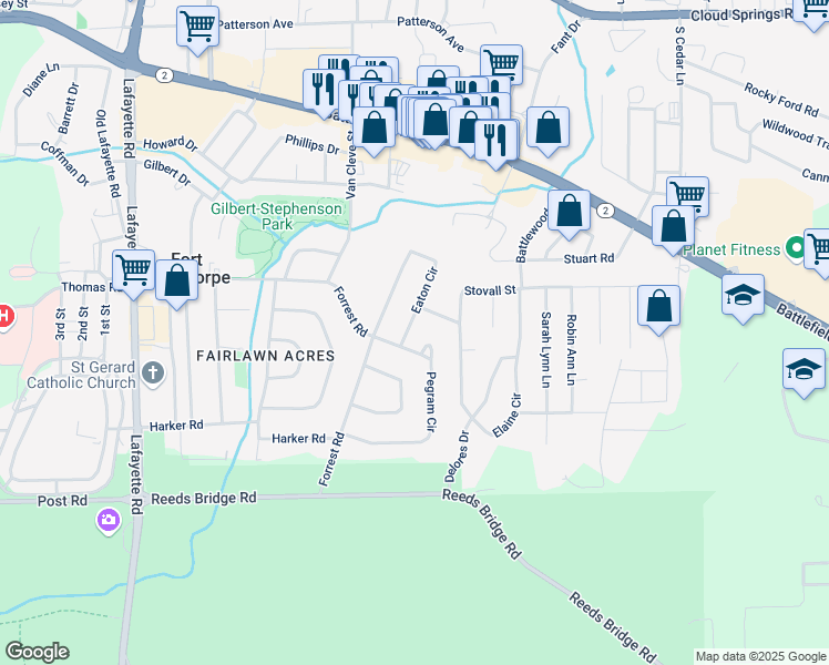 map of restaurants, bars, coffee shops, grocery stores, and more near 57 Eaton Circle in Fort Oglethorpe