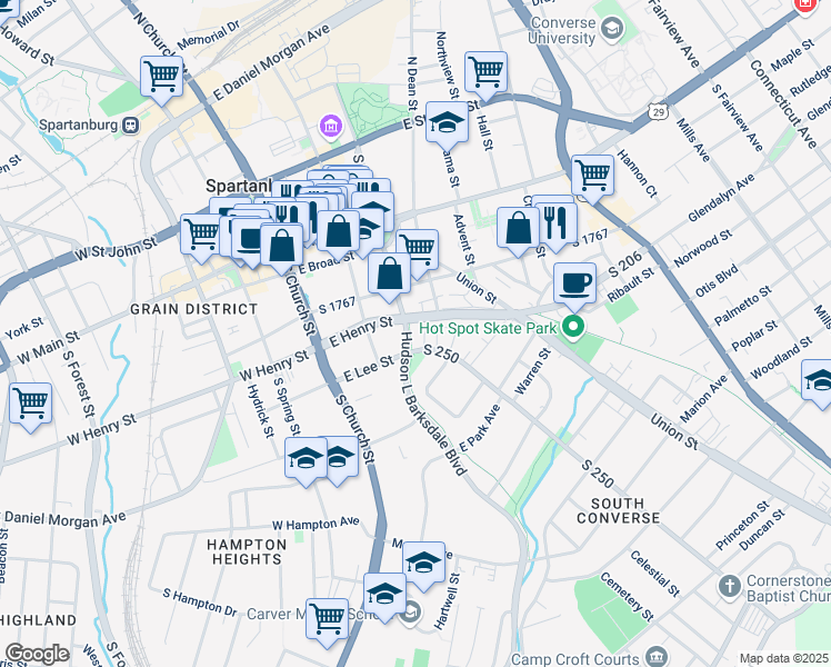 map of restaurants, bars, coffee shops, grocery stores, and more near 103 Elford Court in Spartanburg