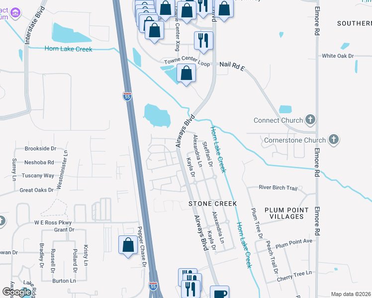 map of restaurants, bars, coffee shops, grocery stores, and more near 142 Kayla Drive in Southaven