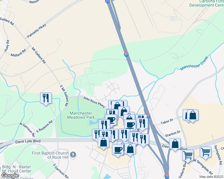 map of restaurants, bars, coffee shops, grocery stores, and more near 159 Longsight Lane in Rock Hill
