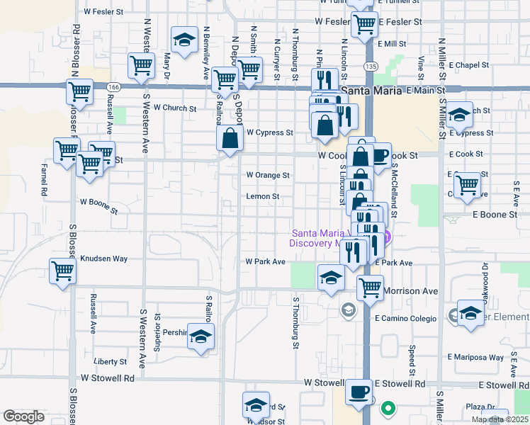 map of restaurants, bars, coffee shops, grocery stores, and more near 511 West Boone Street in Santa Maria