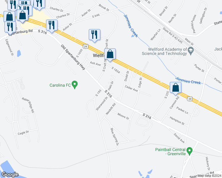 map of restaurants, bars, coffee shops, grocery stores, and more near 266 Halo Drive in Wellford
