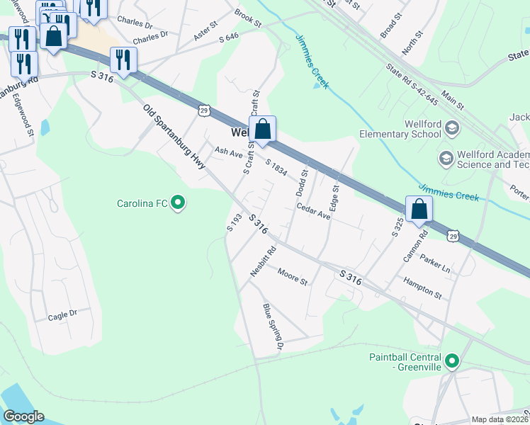 map of restaurants, bars, coffee shops, grocery stores, and more near 268 Halo Drive in Wellford