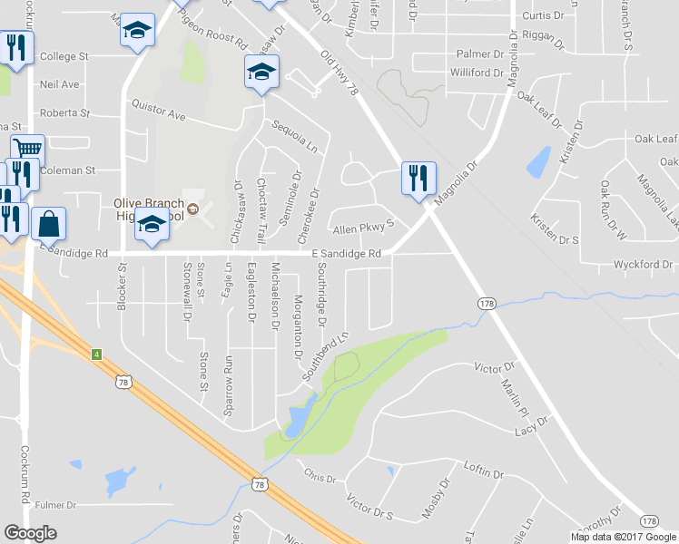 map of restaurants, bars, coffee shops, grocery stores, and more near 5955 Southbend Lane in Olive Branch