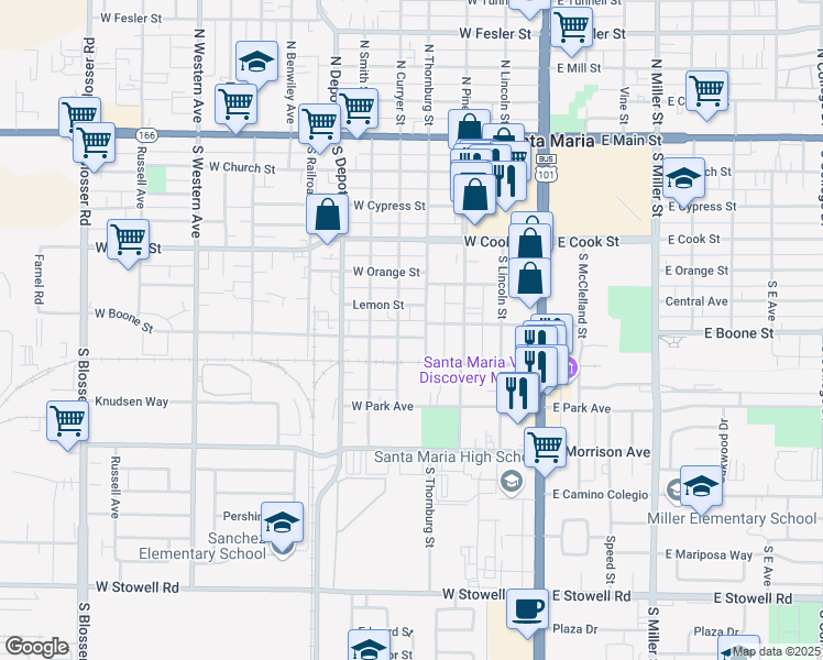 map of restaurants, bars, coffee shops, grocery stores, and more near 409 West Boone Street in Santa Maria