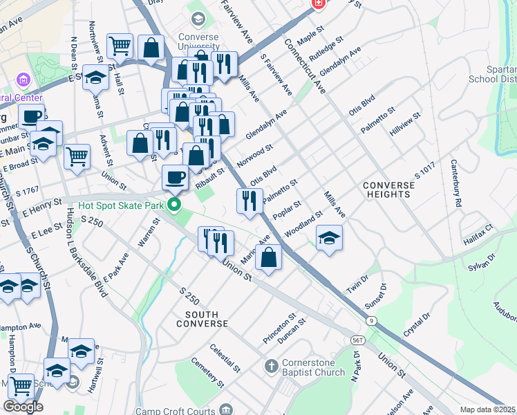 map of restaurants, bars, coffee shops, grocery stores, and more near 341 South Pine Street in Spartanburg