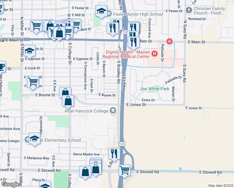 map of restaurants, bars, coffee shops, grocery stores, and more near 1041 East Boone Street in Santa Maria