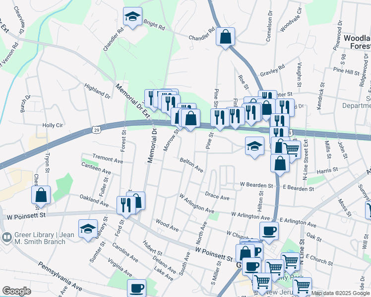 map of restaurants, bars, coffee shops, grocery stores, and more near 104 Elcon Drive in Greer