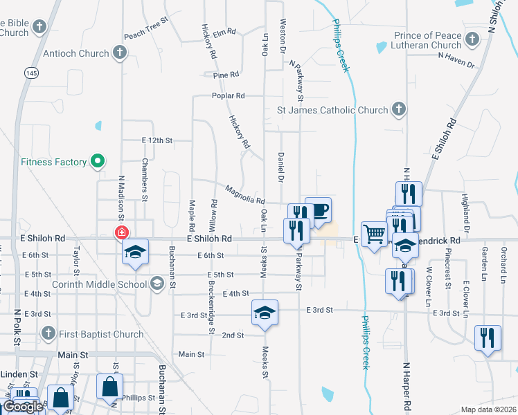 map of restaurants, bars, coffee shops, grocery stores, and more near 1500-1598 Magnolia Rd in Corinth
