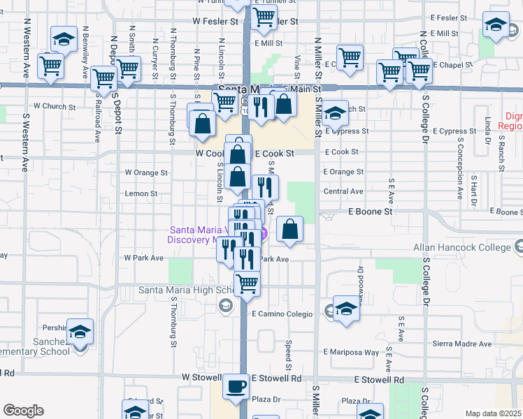 map of restaurants, bars, coffee shops, grocery stores, and more near 122 East Boone Street in Santa Maria