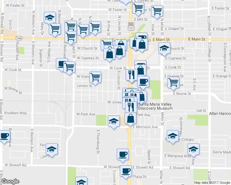 map of restaurants, bars, coffee shops, grocery stores, and more near 601 South Lincoln Street in Santa Maria