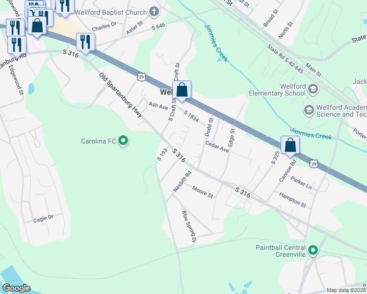 map of restaurants, bars, coffee shops, grocery stores, and more near 318 Halo Drive in Wellford