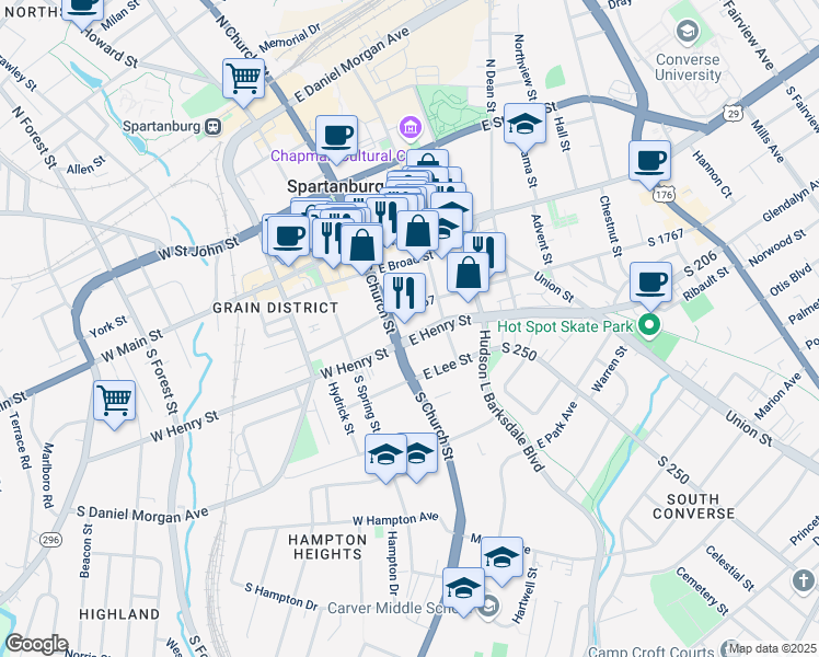 map of restaurants, bars, coffee shops, grocery stores, and more near 120 East Henry Street in Spartanburg