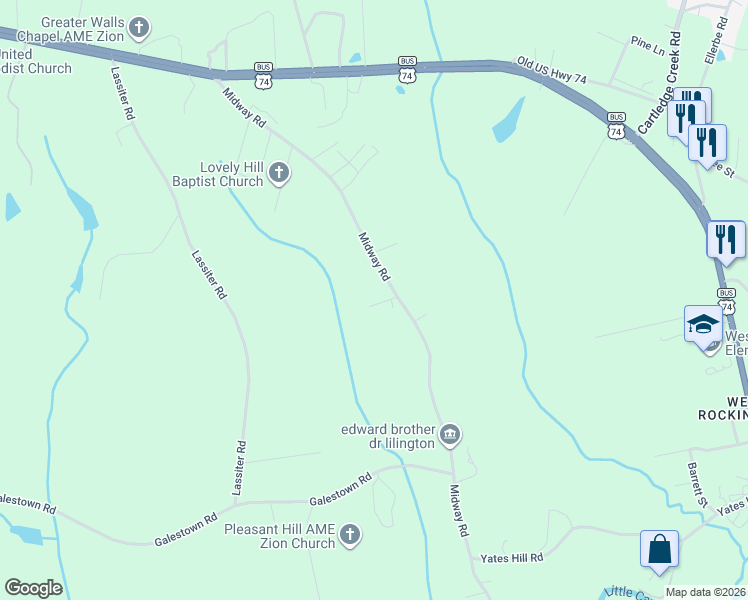 map of restaurants, bars, coffee shops, grocery stores, and more near 563 Midway Road in Rockingham