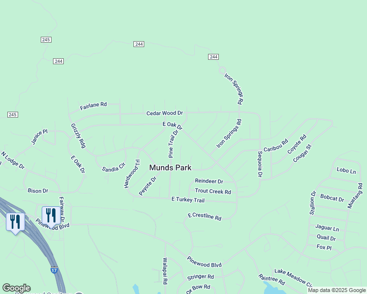 map of restaurants, bars, coffee shops, grocery stores, and more near 17235 Ponderosa Place in Munds Park