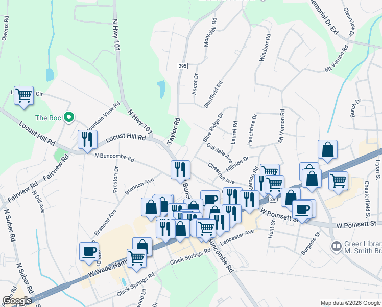 map of restaurants, bars, coffee shops, grocery stores, and more near 107 Blue Ridge Drive in Greer