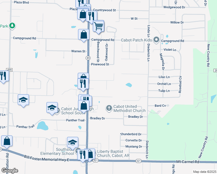 map of restaurants, bars, coffee shops, grocery stores, and more near 17 Knollwood Drive in Cabot