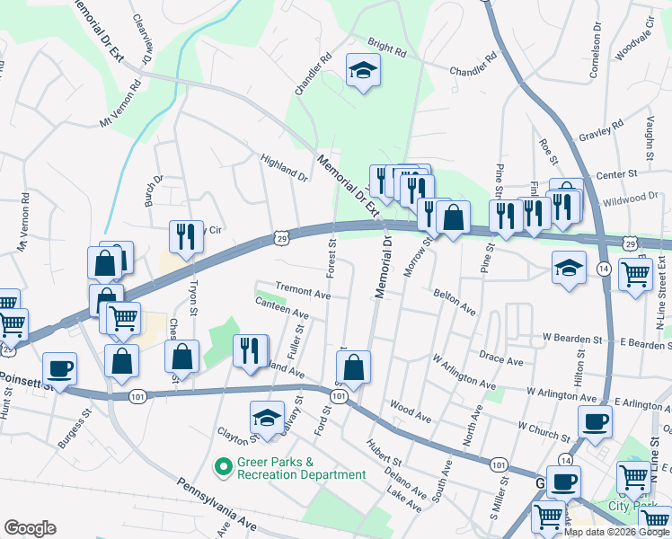 map of restaurants, bars, coffee shops, grocery stores, and more near 210 Forest Street in Greer