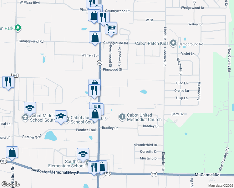 map of restaurants, bars, coffee shops, grocery stores, and more near 17 Knollwood Drive in Cabot