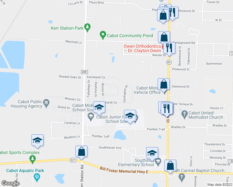 map of restaurants, bars, coffee shops, grocery stores, and more near 142 Harvick Circle in Cabot