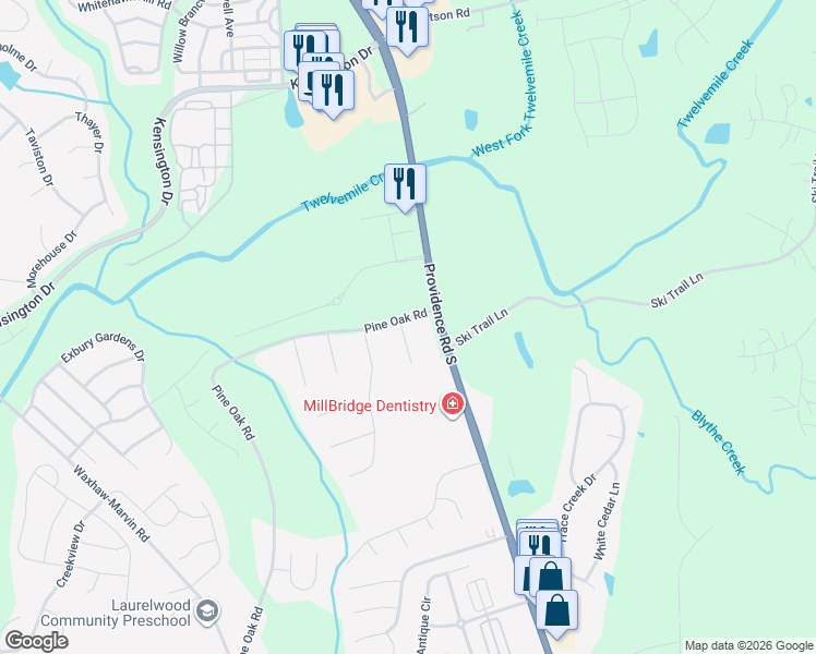 map of restaurants, bars, coffee shops, grocery stores, and more near 3501 Sassafras Trail in Waxhaw
