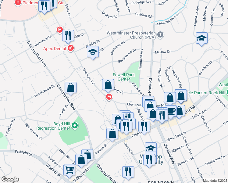 map of restaurants, bars, coffee shops, grocery stores, and more near 1235 Winthrop Drive in Rock Hill