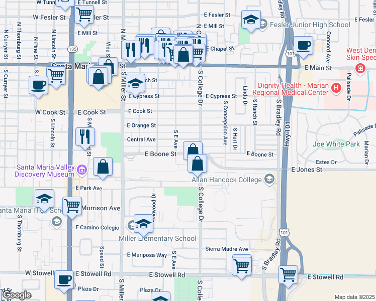 map of restaurants, bars, coffee shops, grocery stores, and more near 721 East Boone Street in Santa Maria