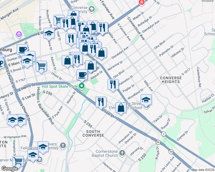 map of restaurants, bars, coffee shops, grocery stores, and more near 314 South Pine Street in Spartanburg