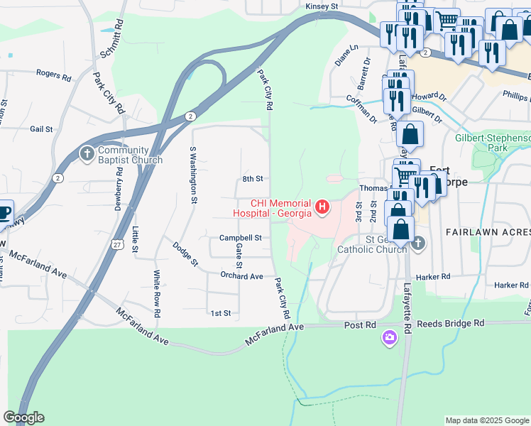 map of restaurants, bars, coffee shops, grocery stores, and more near 401 Park City Road in Rossville
