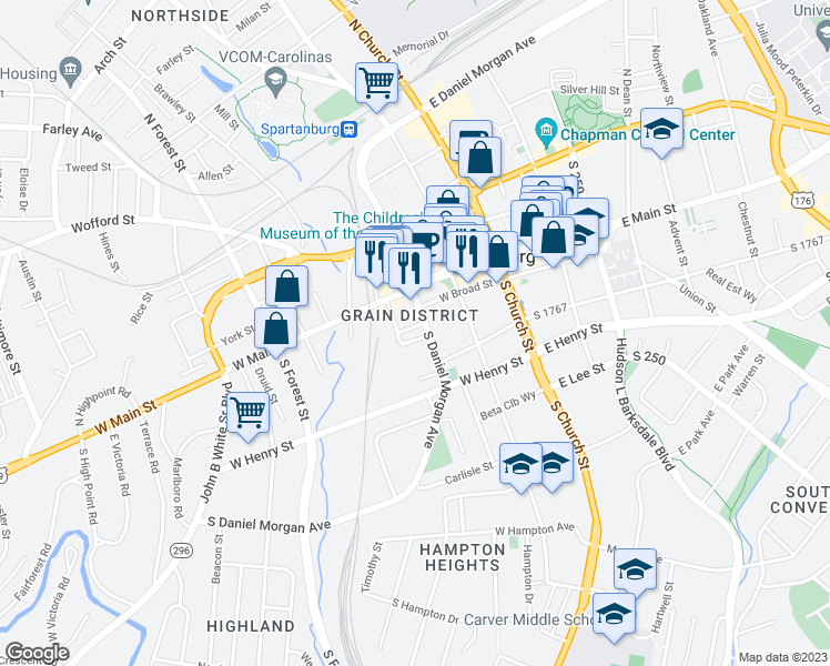 map of restaurants, bars, coffee shops, grocery stores, and more near 144 South Daniel Morgan Avenue in Spartanburg