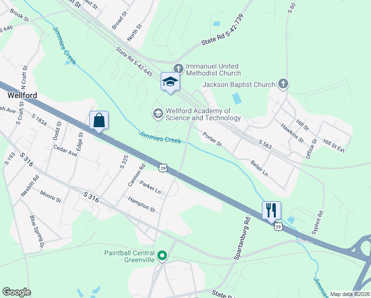 map of restaurants, bars, coffee shops, grocery stores, and more near 159 Wellford Tucapau Rd in Wellford