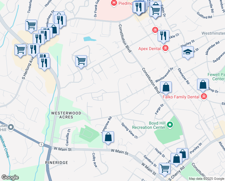 map of restaurants, bars, coffee shops, grocery stores, and more near 1355 Shadow Lane in Rock Hill