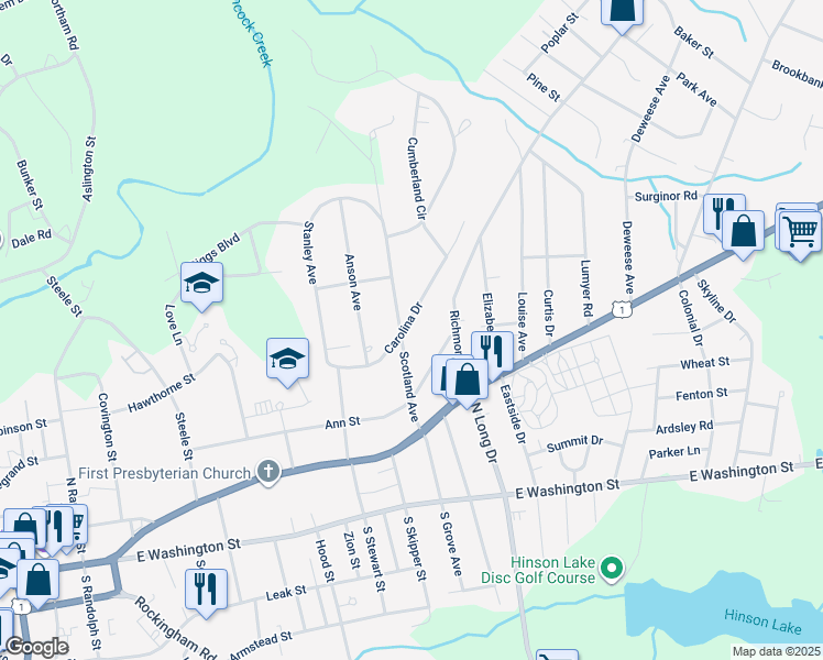 map of restaurants, bars, coffee shops, grocery stores, and more near 1306 Carolina Drive in Rockingham