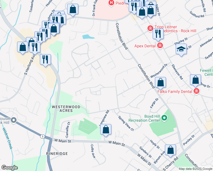 map of restaurants, bars, coffee shops, grocery stores, and more near 1355 Shadow Lane in Rock Hill