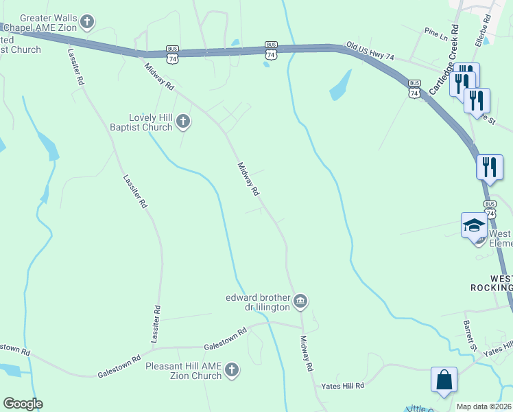 map of restaurants, bars, coffee shops, grocery stores, and more near 563 Midway Road in Rockingham