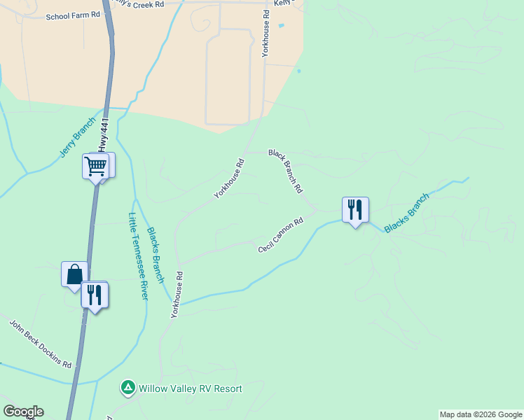 map of restaurants, bars, coffee shops, grocery stores, and more near 178 Troy Lane in Rabun Gap