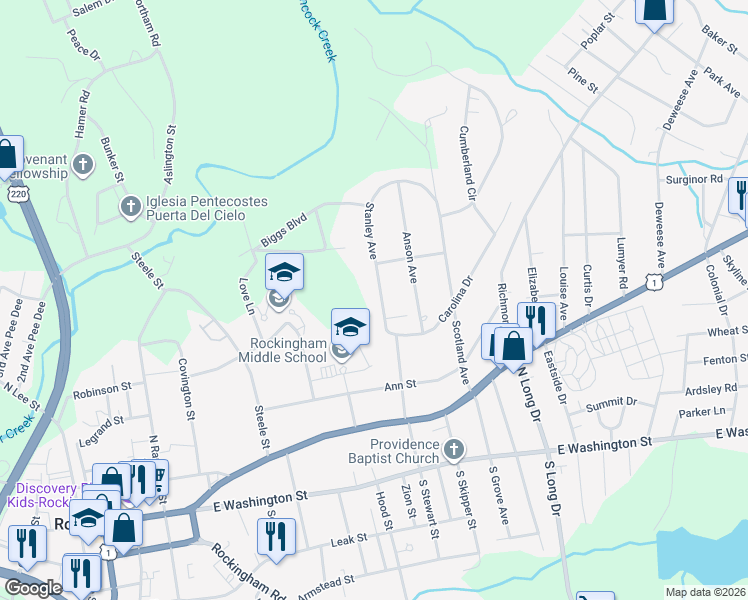 map of restaurants, bars, coffee shops, grocery stores, and more near 515 Stanley Avenue in Rockingham