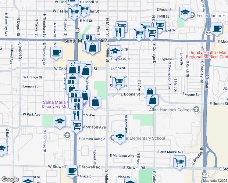 map of restaurants, bars, coffee shops, grocery stores, and more near 417 East Boone Street in Santa Maria