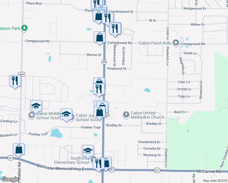 map of restaurants, bars, coffee shops, grocery stores, and more near 1701 South Pine Street in Cabot