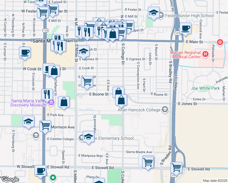 map of restaurants, bars, coffee shops, grocery stores, and more near 721 East Boone Street in Santa Maria