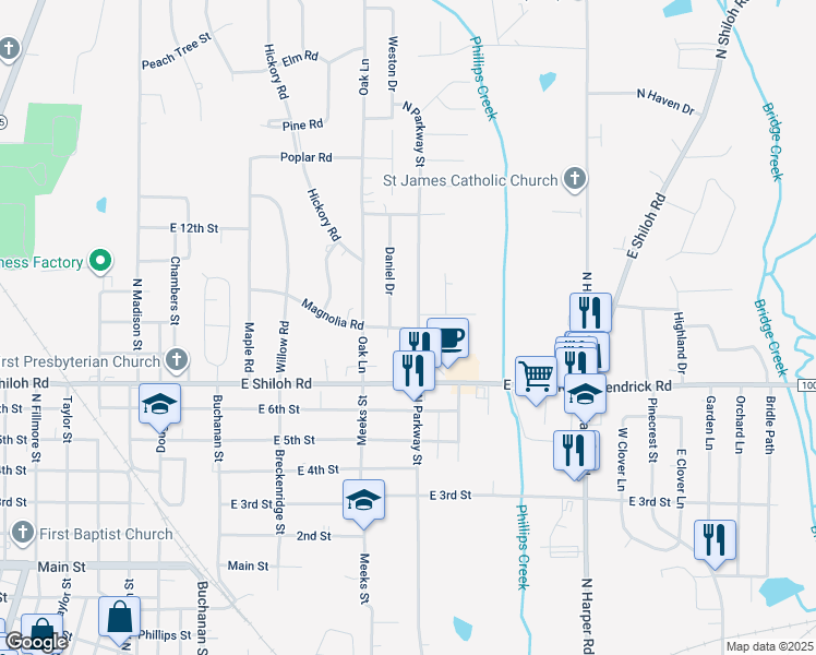 map of restaurants, bars, coffee shops, grocery stores, and more near 1514-1656 North Parkway Street in Corinth