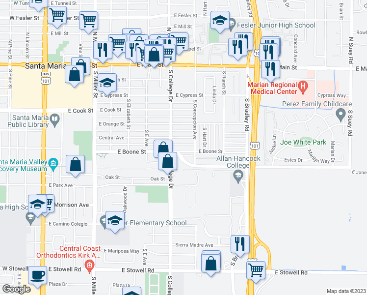 map of restaurants, bars, coffee shops, grocery stores, and more near 821 East Boone Street in Santa Maria