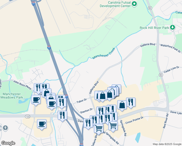 map of restaurants, bars, coffee shops, grocery stores, and more near 921 Sebring Drive in Rock Hill