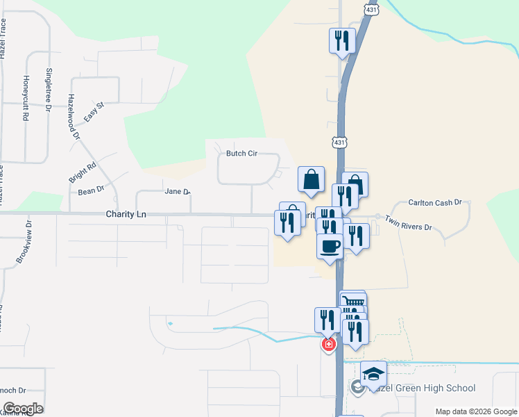 map of restaurants, bars, coffee shops, grocery stores, and more near 219 Charity Lane in Hazel Green