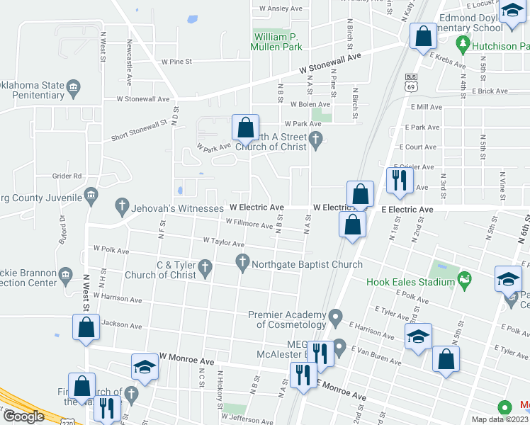 map of restaurants, bars, coffee shops, grocery stores, and more near 308 West Electric Avenue in McAlester