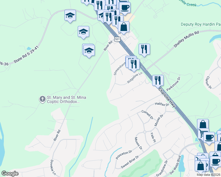 map of restaurants, bars, coffee shops, grocery stores, and more near 3124 Streamhaven Drive in Fort Mill
