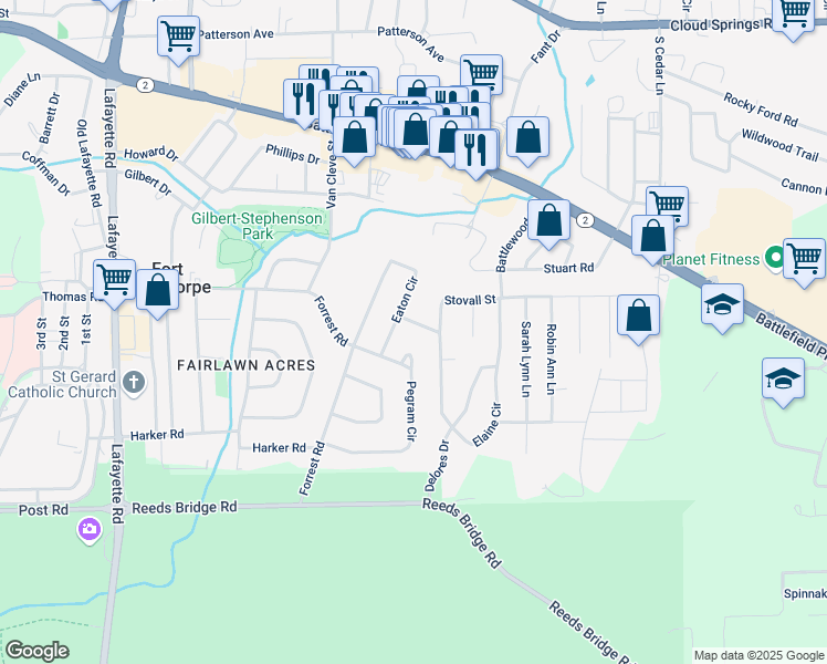 map of restaurants, bars, coffee shops, grocery stores, and more near 57 Eaton Circle in Fort Oglethorpe
