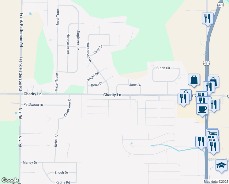 map of restaurants, bars, coffee shops, grocery stores, and more near 411 Charity Lane in Hazel Green